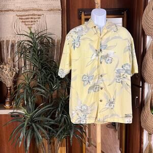 Tommy Bahama Vintage 90s Floral Aloha Shirt M Yellow Gray Hawaiian Resort Top